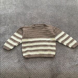 Hand Knitted Textured Brown Striped Knit Crewneck Sweater